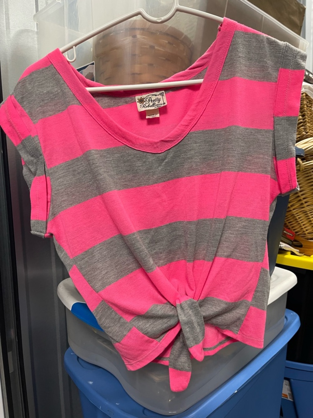 Cropped Y2K Pink & Gray Striped Short Sleeve Tee w/ Tie